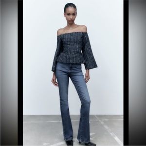 ZARA Small Textured Tweed Off shoulder Top